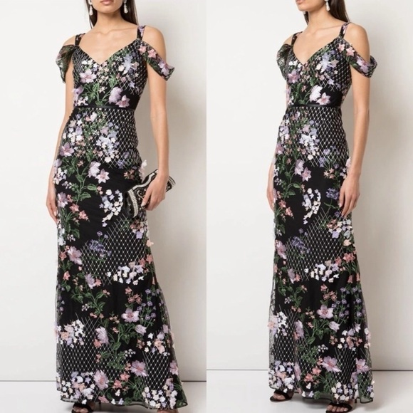 MARCHESA NOTTE Floral Cold-Shoulder Gown - Picture 1 of 8
